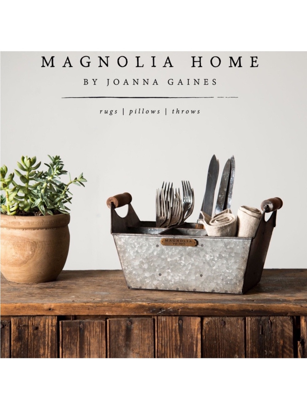 Magnolia Home Hearth & Hand Galvanized Silver Metal Caddy 6 Section Wood Handles